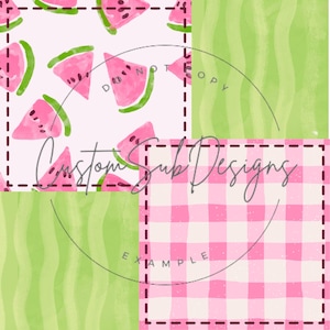 May include: A digital collage featuring four different patterns. The top left pattern is a white background with pink watermelon slices. The top right pattern is a green and white striped pattern. The bottom left pattern is a green and white striped pattern. The bottom right pattern is a pink and white gingham pattern. The text "Custom Sub Designs" and "EXAMPLE" are visible in the image.