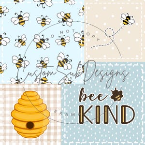 Peut inclure: Un collage numérique avec une ruche, des abeilles et le texte "bee kind". L'arrière-plan est un patchwork de motifs vichy bleus, beiges et blancs.