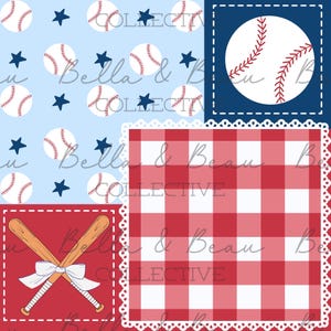 May include: A baseball-themed design featuring a light blue background with baseballs and navy blue stars. A red and white gingham pattern, a baseball, and crossed baseball bats with a white bow are also included. The text "Bella & Beau Collective" is present.