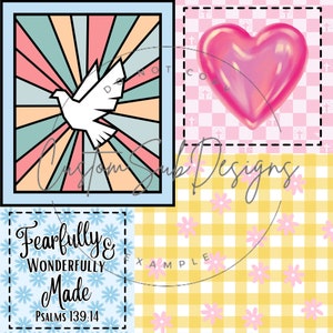 May include: A digital collage with a blue, pink, and yellow checkered background. The collage features a white dove with a rainbow sunburst, a pink heart, and a blue square with the text "Fearfully & Wonderfully Made Psalms 139:14".