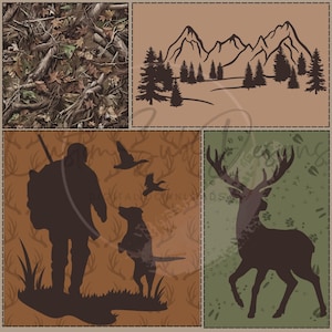 May include: A collage featuring hunting-themed designs. Includes a camouflage pattern, a mountain and forest silhouette, a hunter with a dog and flying birds, and a deer silhouette with paw prints on a green background.