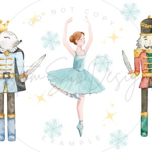 May include: Watercolor illustration of a mouse king, ballerina, and nutcracker. The mouse king wears a blue coat and crown, the ballerina a blue tutu, and the nutcracker a red coat. Snowflakes and stars decorate the background.