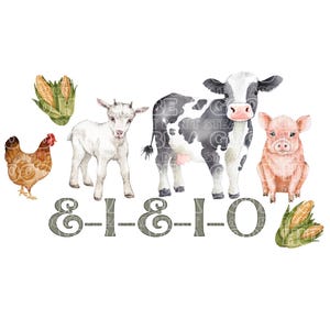 May include: A watercolour illustration of farm animals including a chicken, goat, cow, and pig. Corn stalks are also present. The text "8-1-&1-0" is below the animals. The cow is black and white, the pig is pink, and the goat is white.