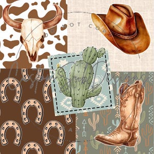 以下が含まれることがあります： 牛の頭蓋骨、カウボーイハット、サボテン、カウボーイブーツ、蹄鉄を描いた水彩イラストのコラージュ。 色のパレットには、茶色、タン、緑の色合いが含まれており、南西部のテーマです。
