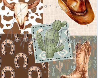 May include: A collage of watercolor illustrations featuring a cow skull, a cowboy hat, a cactus, a cowboy boot, and horseshoes. The color palette includes shades of brown, tan, and green, with a southwestern theme.