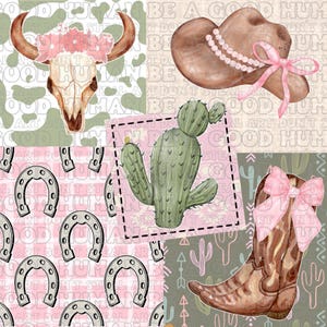 May include: A patchwork design featuring a cow skull with floral accents, a cowboy hat with a pearl strand and pink bow, a cactus, horseshoes, and a cowboy boot with a pink bow. The background includes text that reads "BE A GOOD HUM".