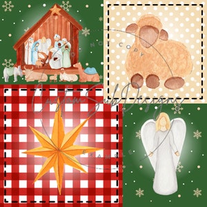 May include: A Christmas quilt block design with four squares. The top left square shows a nativity scene with a wooden stable, Mary, Joseph, baby Jesus, and angels. The top right square shows a brown sheep on a white background with brown polka dots. The bottom left square shows a red and white checkered background with a yellow star in the center. The bottom right square shows a white angel with wings on a green background with white snowflakes.