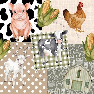 May include: A collage featuring farm animals and objects, such as a pig, cow, goat, hen, corn, and a barn. The background is a patchwork of various patterns, including polka dots, gingham, and a cow print.