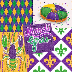 May include: A collage of Mardi Gras-themed designs. Includes a purple and green lobster, a colorful king cake, and patterns with diamonds, fleur-de-lis, and the words "Mardi Gras". The color scheme is purple, green, and gold.