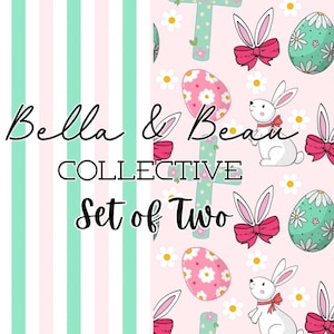 Könnte beinhalten: Ein Muster mit Ostermotiven. Das Design zeigt Hasen, Ostereier und florale Kreuze auf rosa Hintergrund. Der Text "Bella & Beau Collective Set of Two" ist in einer Schreibschrift dargestellt.