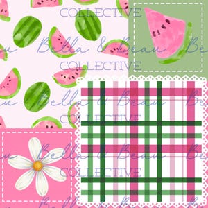 May include: A collage of watercolor patterns featuring watermelon slices, green and pink plaid, and a daisy on a pink background. The image includes the text "Bella & Bean Collective" and "Collective".