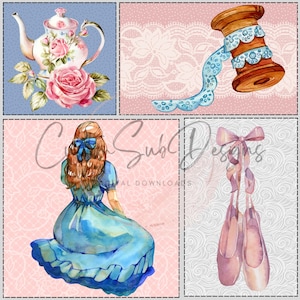 May include: Watercolor illustrations of a teapot with roses, a wooden gavel with blue lace, a girl in a blue dress, and a pair of pink ballet shoes with ribbons. The images have a vintage, whimsical aesthetic.