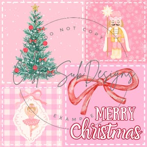 May include: A pink Christmas-themed design with a decorated tree, a nutcracker, a ballerina ornament, and a red bow. The words "Merry Christmas" are displayed in a festive font. The background is a patchwork of pink squares with snowflake and gingham patterns.