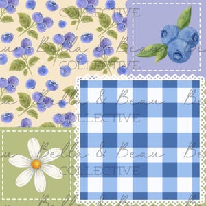 May include: A patchwork design featuring watercolor illustrations of blueberries, a daisy, and a blue gingham pattern. The design includes the text "Bella & Beau Collective" in a script font, with a light beige, green, and blue color scheme.