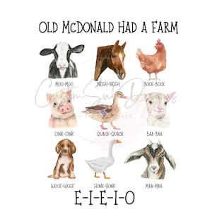 May include: A watercolor illustration of Old McDonald Had a Farm with various animals, including a cow, horse, chicken, pig, duck, sheep, dog, goose, and goat. Each animal has a sound associated with it, such as moo-moo, neigh-neigh, and quack-quack. The illustration is surrounded by a white background.