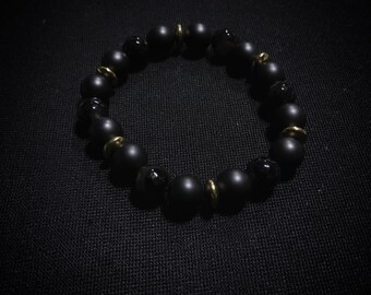 Armband matzwarte onyx en gefacetteerde agaat | Jade armband| Stretcharmband voor heren met gouden tussenstukken | Handgemaakte kristallen sieraden | Cadeau voor hem