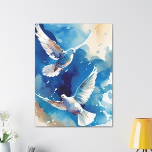 Canvas Print, 2 Doves Print, Flying Birds Wall Art, Blue Sky Doves, Canvas Wall Art, Watercolor Effect Home Decor