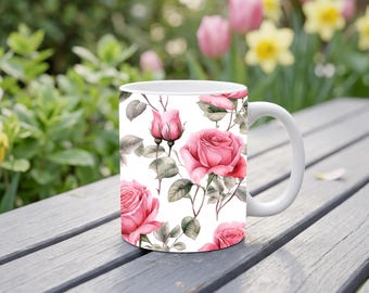 Pink Rose Mug | Watercolor Floral Coffee Cup | Elegant Botanical Mug | Flower Gift