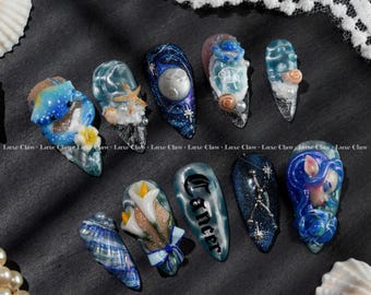 Unghie finte Cancro, Unghie Sirena Oceano, Nail art Conchiglie Blu, Unghie Stella Marina 3D, Unghie Mare Celeste, Unghie Luna Oceano, Zodiaco