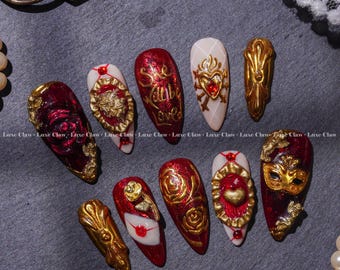 Baroque Love Press On Nails, 3D Red & Gold Rococo Nail Art, Elegant Vintage Valentine Nail Set