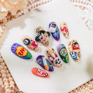 Pop Art Comic Press On Nails, Colorful Cartoon Nail Art, 3D Comic Nails, Retro Pop Nails, Statement Graphic Nails