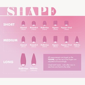 May include: A chart showing different nail shapes and lengths, including almond, rounded, ballerina, square, square oval, and stiletto. The chart is divided into three sections: short, medium, and long. Each section shows the different nail shapes and their corresponding lengths in millimeters.