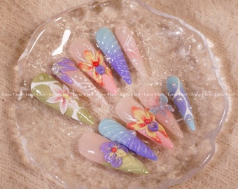 Orchid Butterfly Charm | Hand-Painted Art | Reusable Stick On Nails | Party & Bridal Nails | Premium Press on Nails