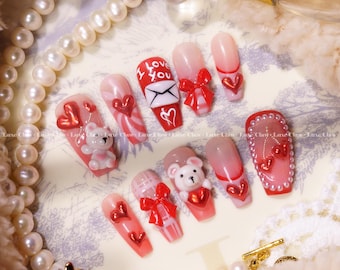 Teddy's Love | Hand-Painted Art | Reusable Stick On Nails | Party & Bridal Nails | Premium Press on Nails