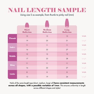 May include: Chart showing nail length measurements in millimeters for different finger lengths and nail shapes, including short, medium, and long ballerina nails. The chart includes measurements for thumb, index, middle, ring, and little finger.