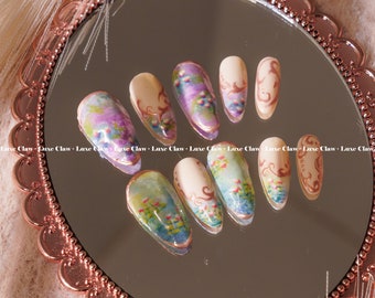 Monet's Spring Meadows | Hand-Painted Art | Reusable Stick On Nails | Party & Bridal Nails | Premium Press on Nails