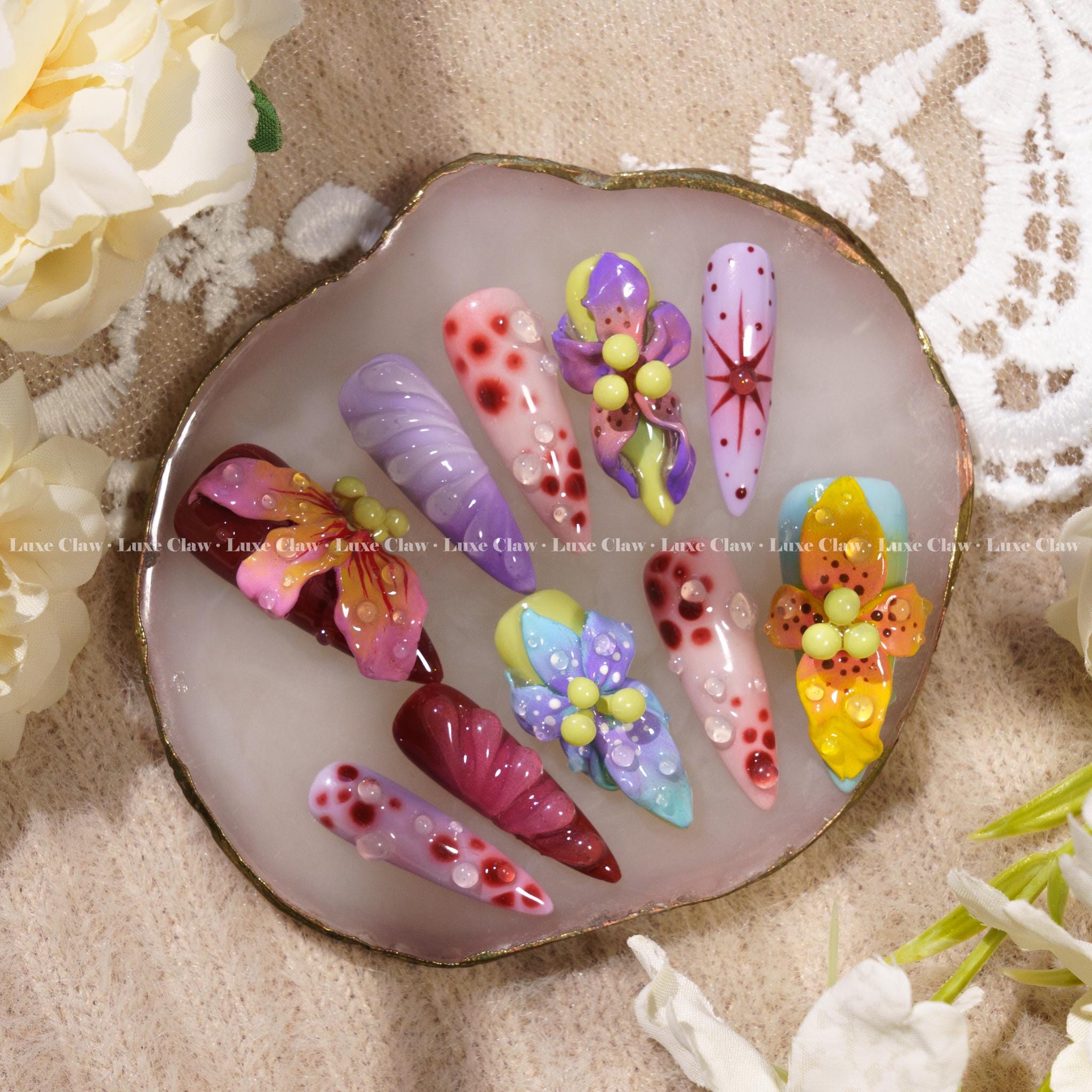 mfsix nail＊お値下げ不可ネイルパーツセット 多色 さまざまな形 Mystic Orchid Press on Nails, 3D Flower Nail Art, Jelly Glossy