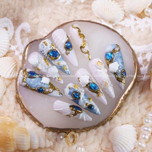 Ocean Treasure | Hand-Painted Art | Reusable Stick On Nails | Party & Bridal Nails | Premium Press on Nails