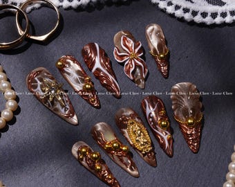 Uñas postizas Diosa de Bronce, Diseño de uñas dorado metálico 3D, Juego de uñas barroco de lujo