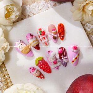 Kawaii 3D Dessert Bunny Press On Nails, Strawberry Ice Cream Cone, Chocolate Pastry, Pink Gel Almond Press‑Ons