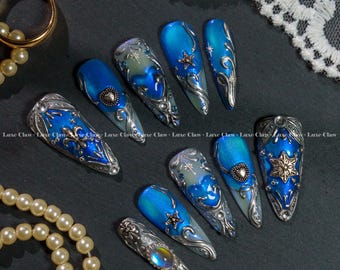 Royal Fantasy Press On Nails, Blue Silver Nail Armor, Celestial Star Tips, Moon Heart Gothic Nails, Winter Chrome Nail Art