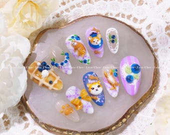 Cute Cat Press On Nails, 3D Kitty Nail Art, Pastel Purple Nails, Handmade Blueberry Nails, Whimsical Animal Nail Design