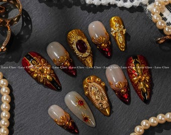 Red Gold Gothic Press On Nails, Luxury Baroque Nails, Cross Design Nails, Elegant Gemstone Nails, Dramatic Glam Nails