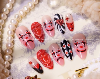 Clown’s Heart Press On Nails, Red Black Harlequin Nail Art with Sad Smile Faces, Circus Theme Nail Tips, Unique Handmade Drama Nails