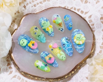 Smiski Summer Press On Nails, Pool Floaty Nail Art, Cute 3D Smiski Nails, Blue Glitter Nail Set, Kawaii Handmade Nails