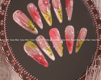 Goldenes Gummibärchen Glitzer | Handgemalte Kunst | Wiederverwendbare Stick On Nägel | Party & Braut Nägel | Premium Presse auf den Nägeln