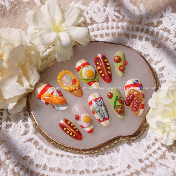 Picnic Feast Press On Nails, Food Theme Nail Art, Summer Picnic Nails, Cute 3D Fake Nails, Handpainted Nail Set