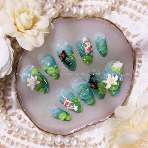 Nature Koi Serenity | Hand-Painted Art | Reusable Stick On Nails | Party & Bridal Nails | Premium Press on Nails