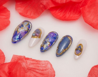 Élégance rare en quartz bleu | Art peint à la main | Ongles collants réutilisables | Ongles de fête et de mariée | Presse premium sur les ongles