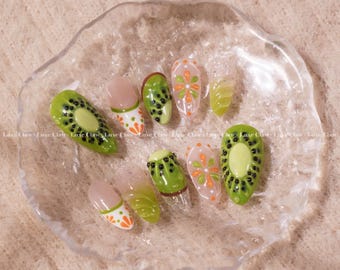 Fresh Kiwi | Hand-Painted Art | Reusable Stick On Nails | Party Nails | Premium Press on Nails