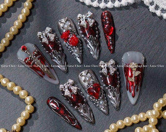 Gothic Vampire Press On Nails, 3D Cross & Blood Red Gem Nail Art with Silver Bows on Dark Chrome Base, Halloween or Cosplay Nail Set