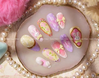 Ostern Set Frühling Laune | Handgemalte Kunst | Wiederverwendbare Stick On Nägel | Party & Braut Nägel | Premium Presse auf den Nägeln