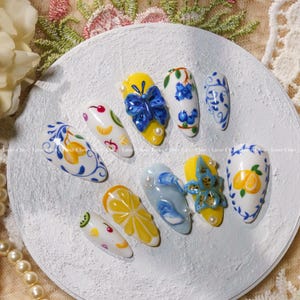 Mediterranean Summer Press On Nails, Hand-Painted Lemon & Floral Ceramic-Inspired Design, 3D Fruit Butterfly Nail Tips