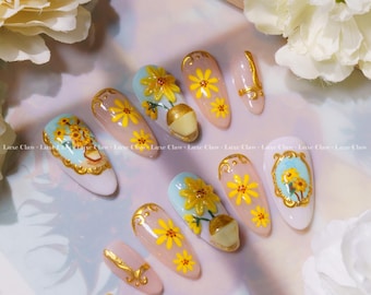 Sunflower Van Gogh | Hand-Painted Art | Reusable Stick On Nails | Party & Bridal Nails | Premium Press on Nails