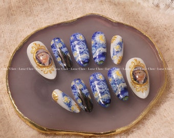 Starry Night of Van Gogh Press On Nails, Famous Art Nail Set, Blue Swirl Nail Art, Handpainted Fake Nails, Starry Sky Nails