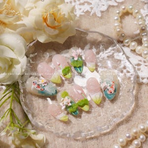 Koi in Serene Lotus Pond | Hand-Painted Art | Reusable Stick On Nails | Party & Bridal Nails | Premium Press on Nails
